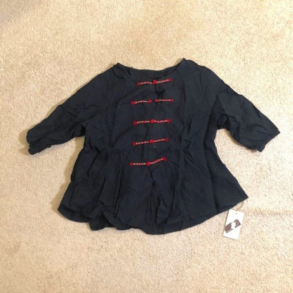NWT Korean Boutique Frog Closure Blouse | Black & Red | M